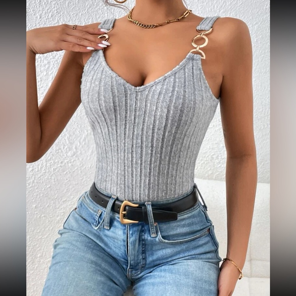Boho chain detail straps ribbed knit tank top